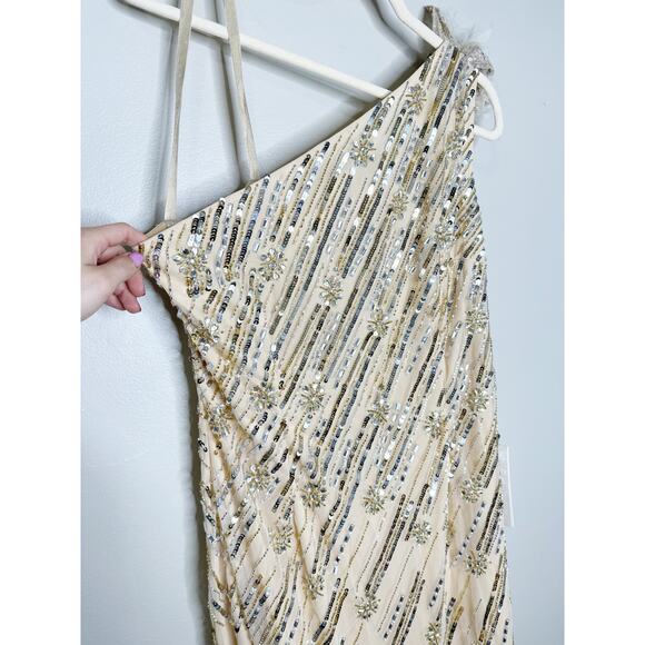 Mac Duggal 93739 Embellished Floral Detail One Shoulder Gown Nude Gold 10 $498 - Picture 6 of 12